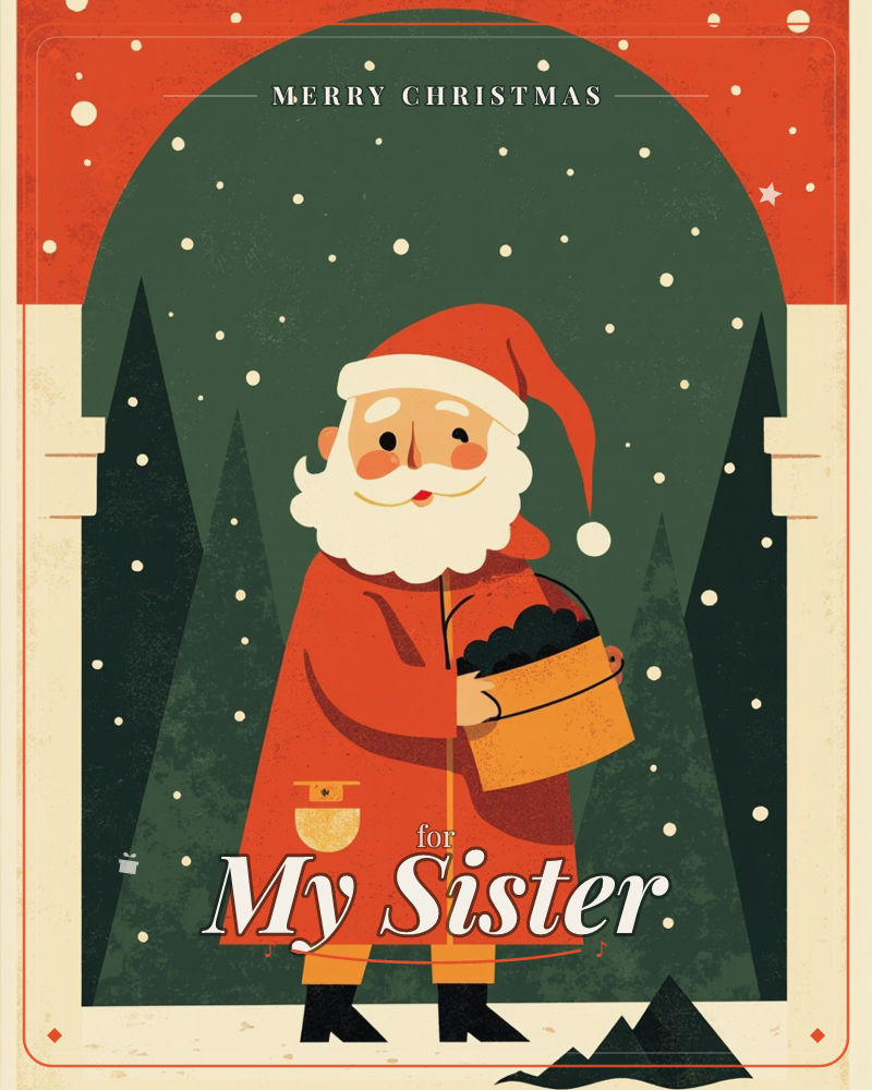 A rosy-cheeked Santa stands beneath a red archway, holding a golden basket filled with dark coal, a christmas e-card design