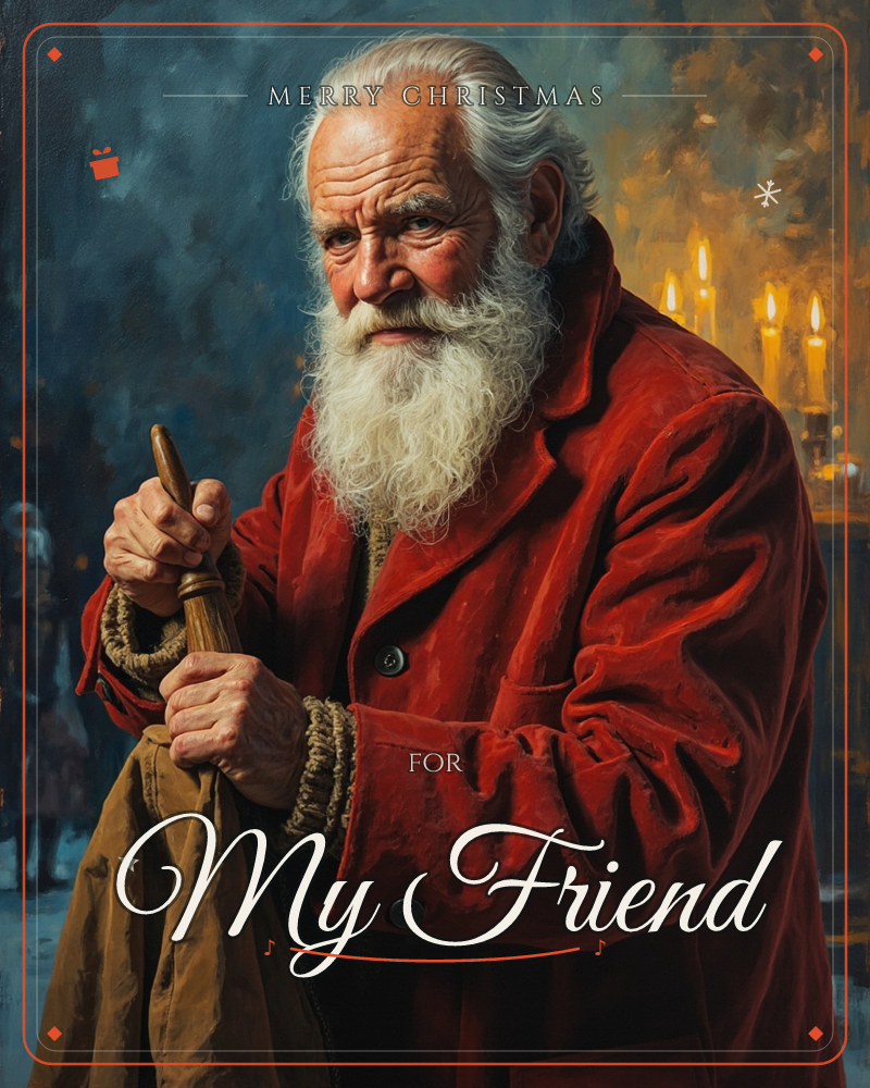 An elderly man with a long white beard and red velvet coat grips a wooden cane, a bundled sack held against his side, a christmas e-card design