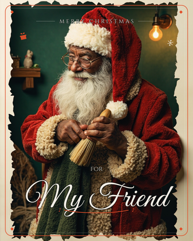 A man dressed as Santa Claus stands in a dim, rustic room, carefully tying a small straw broom with his weathered hands, a christmas e-card design