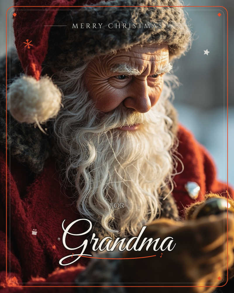 A close-up portrait of a weathered old man dressed as Santa, his long curling white beard catching warm golden light as he gazes down at a small…, a christmas e-card design