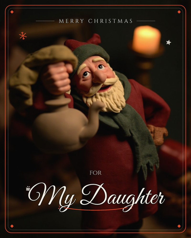 A sculpted figure of Santa Claus leans in with a mischievous grin, one finger raised to his lips as if sharing a secret, a heavy sack slung over his…, a christmas e-card design