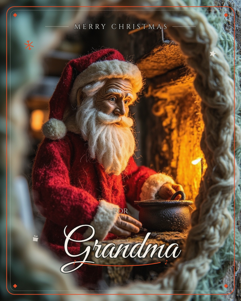 A handmade Santa figure, felted in deep red with a woolly white beard, stands at a small wooden workbench inside a warmly lit rustic nook, a christmas e-card design