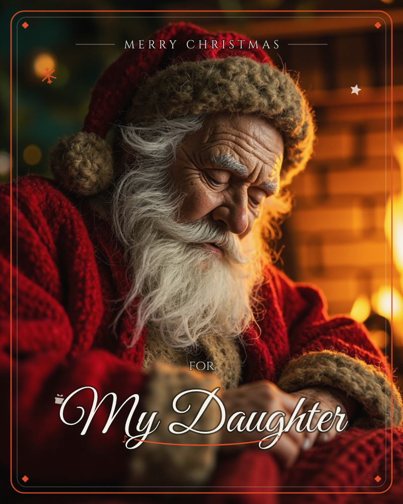 Santa sits close by a glowing brick fireplace, his knitted red cap and coat trimmed with soft brown wool, long white beard catching the firelight as he…, a christmas e-card design
