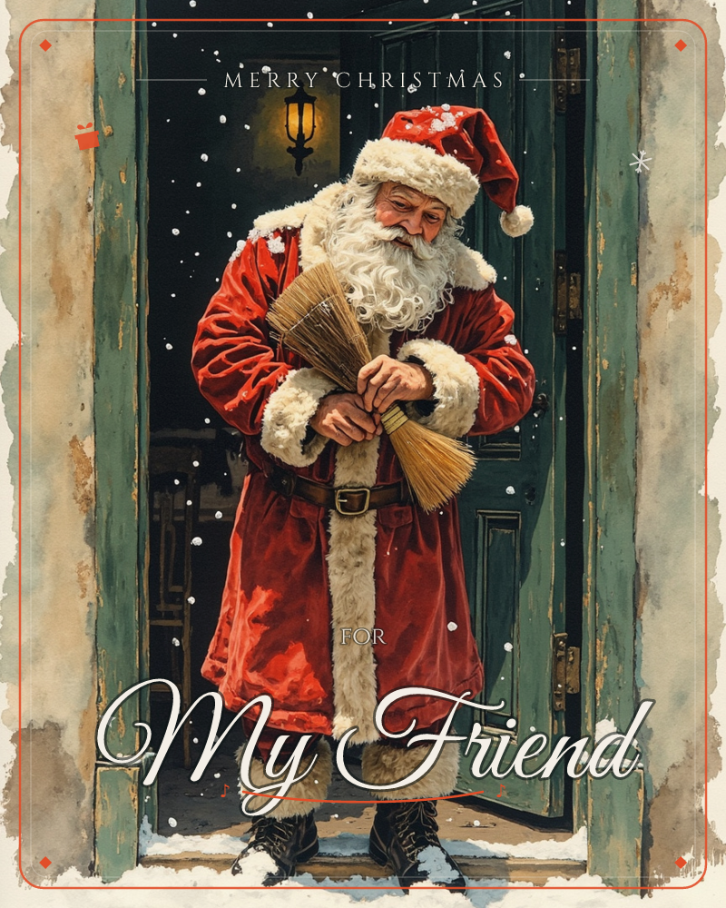 Santa Claus stands in the open doorway of a rustic cottage, holding a bundle of straw brooms while snow drifts down behind him into the night, a christmas e-card design