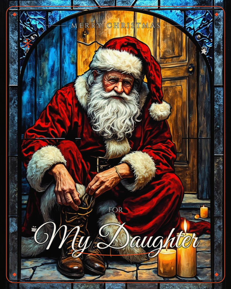 A man in a red Santa suit sits on a stone step tying up his worn leather boots, framed like a stained-glass window with an arched wooden door behind him, a christmas e-card design