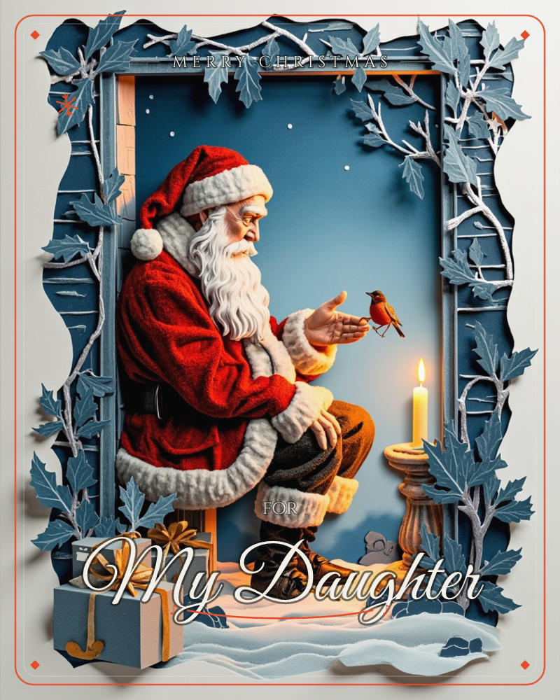 A layered paper-craft scene shows Santa seated on a small stool, leaning forward to greet a robin perched on his outstretched hand, a lit candle…, a christmas e-card design