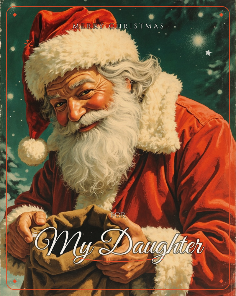 A close-up portrait of Santa Claus in his classic red velvet suit and fur-trimmed hat, leaning in with a warm, knowing smile as he opens a burlap sack, a christmas e-card design