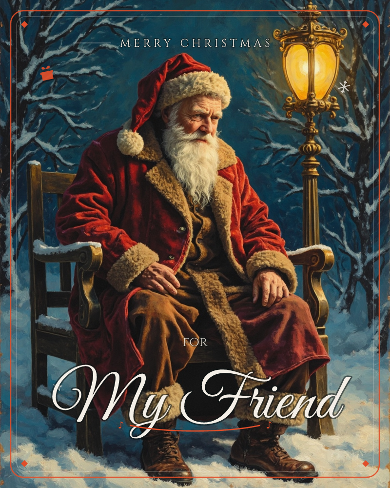A weary Santa Claus sits alone on a wooden bench in a snowy blue-toned wood, his long white beard and fur-trimmed red coat lit by the warm glow of an…, a christmas e-card design