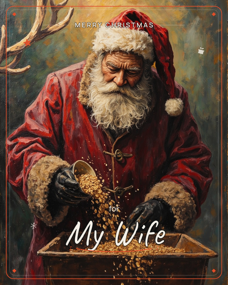 An oil-painted Santa in a fur-trimmed red coat and cap pours golden coins from a small pail into a wooden crate already brimming with treasure, a bare…, a christmas e-card design