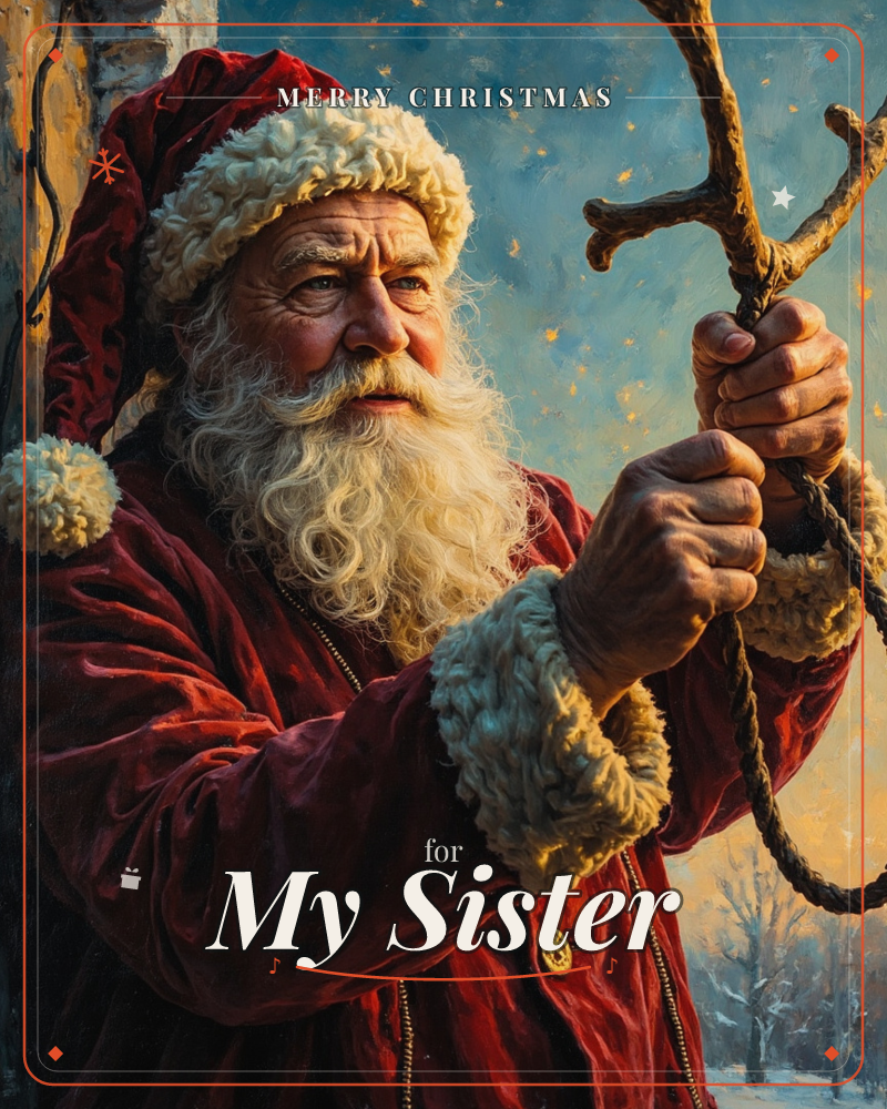 A weathered Santa in a deep red velvet coat trimmed with cream fur stands close to a rustic wooden door, gripping a gnarled branch and old rope as if…, a christmas e-card design