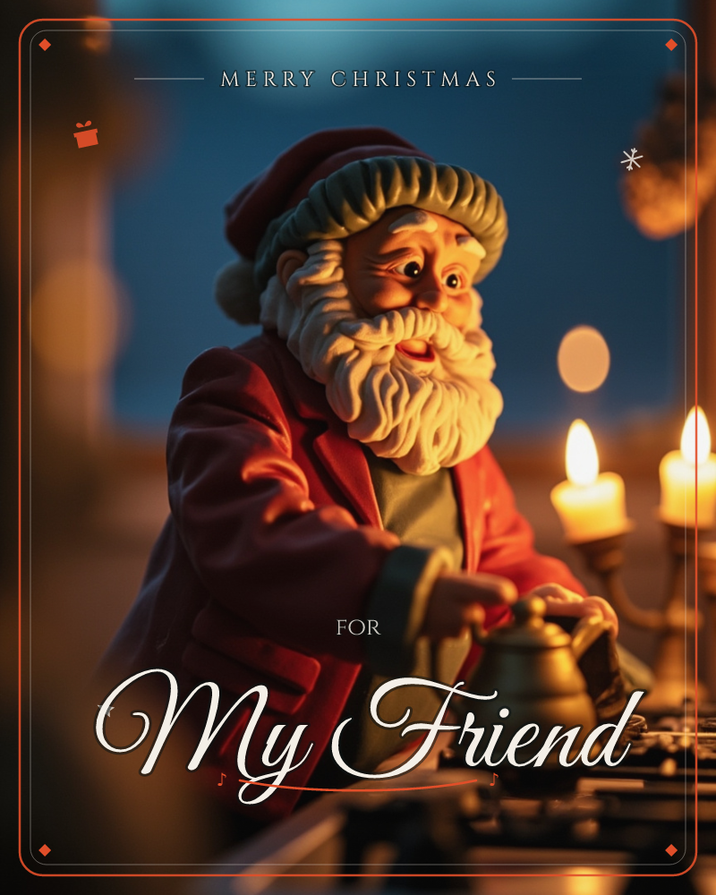 A figurine of Santa Claus stands at a stovetop, one hand resting on a small brass kettle, caught mid-task by warm firelight, a christmas e-card design