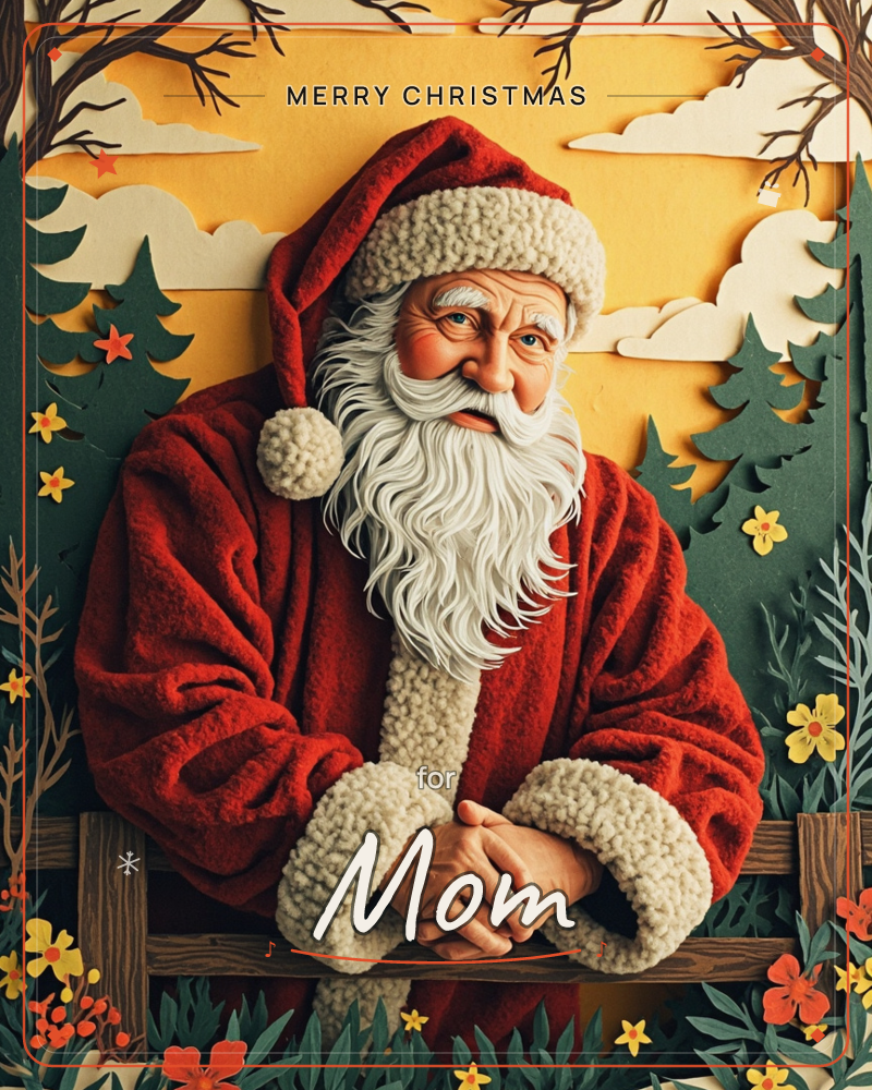 A layered paper-craft Santa leans on a wooden fence, hands folded, his red coat and cream fur trim built up in cut-paper textures, a christmas e-card design