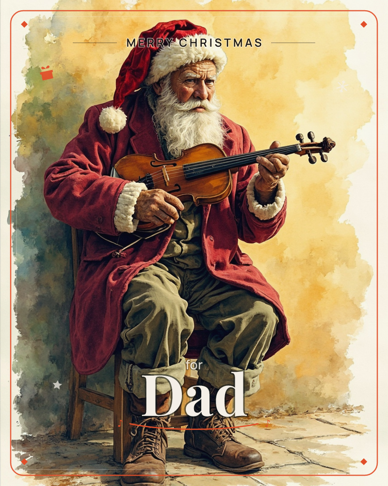 Santa sits on a plain wooden chair against a warm ochre wash, sleeves rolled and boots dusty, playing a violin tucked under his chin, a christmas e-card design