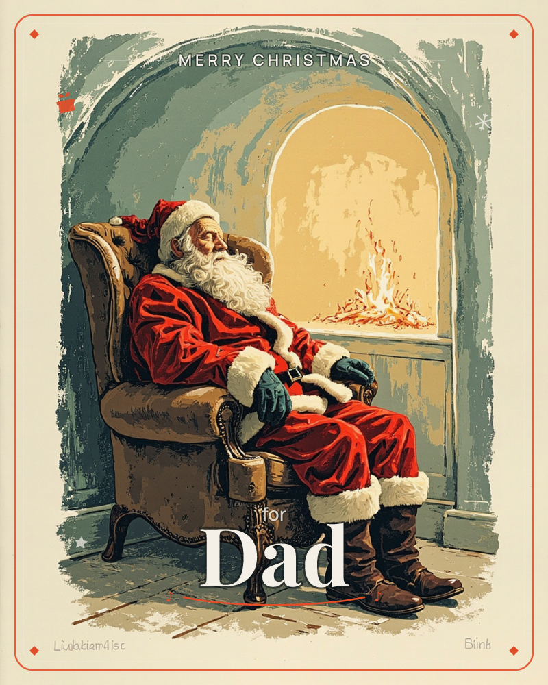 Santa Claus dozes in a worn armchair beside a glowing arched fireplace, his boots kicked out and hands folded over his belt, a christmas e-card design