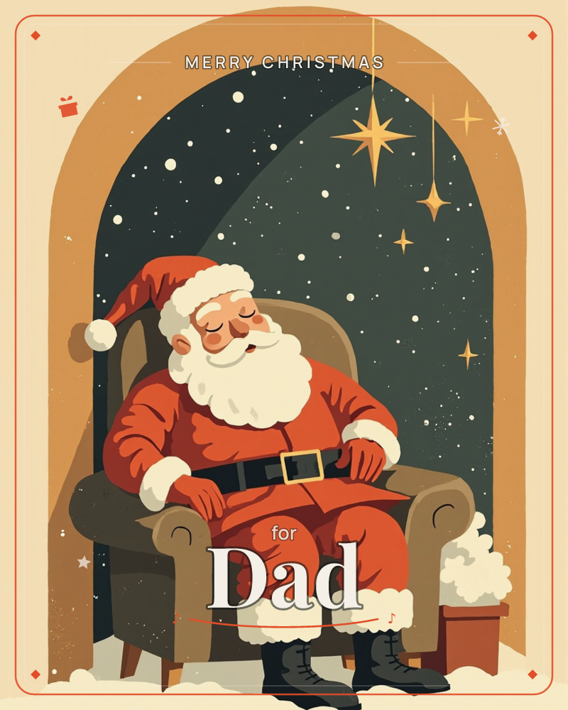 Santa naps in an armchair beneath an arched alcove, framed by a starry midnight sky with gold stars dangling on strings, a christmas e-card design