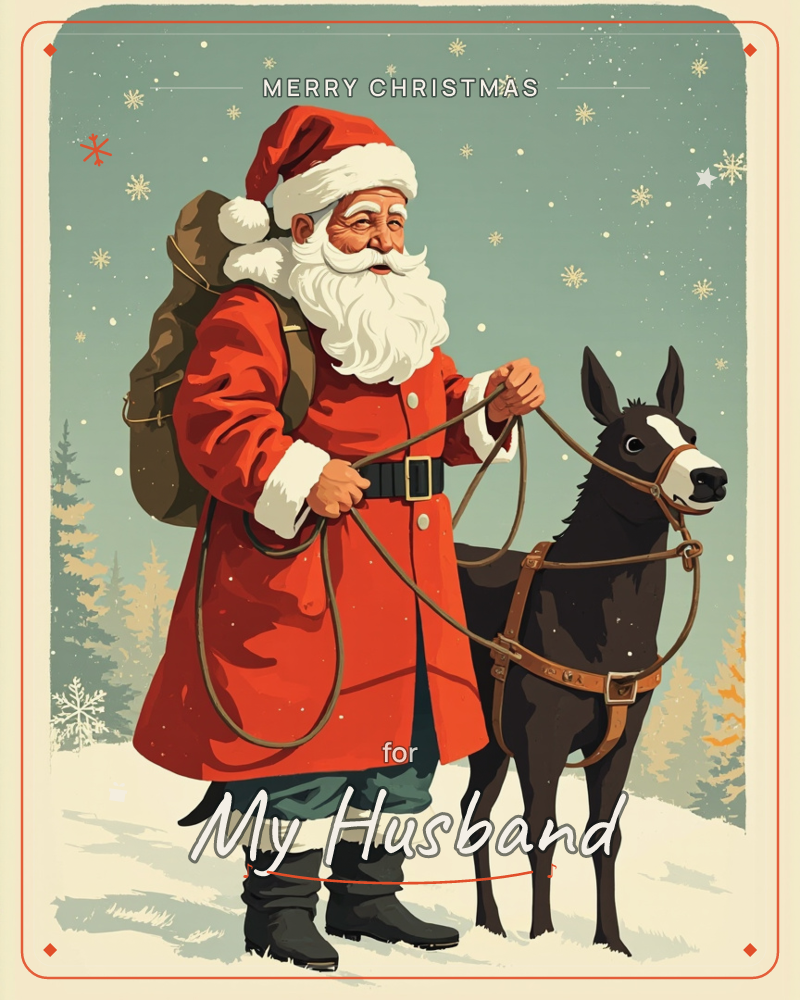 Santa Claus stands in a snowy pine clearing, a laden sack over his shoulder, leading a small dark donkey by its reins, a christmas e-card design