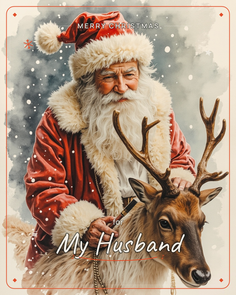 Santa Claus stands close beside a reindeer, one hand resting on its antlers and the other holding its harness, snow falling softly against a smoky…, a christmas e-card design