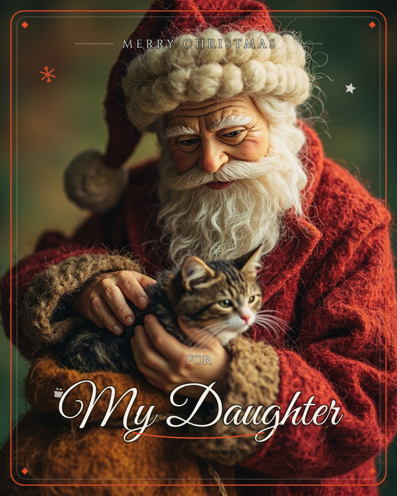 A felted, sculptural figure of Santa Claus cradles a tabby cat against his chest, his red woollen coat and cream curled beard rendered in soft fibrous…, a christmas e-card design