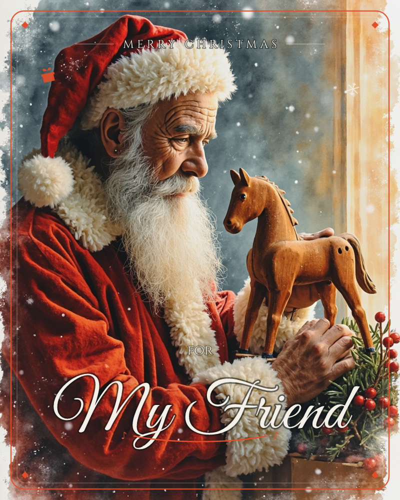 Santa Claus in his red fur-trimmed coat and cap leans in close to examine a hand-carved wooden horse, snow drifting past a warm window behind him, a christmas e-card design