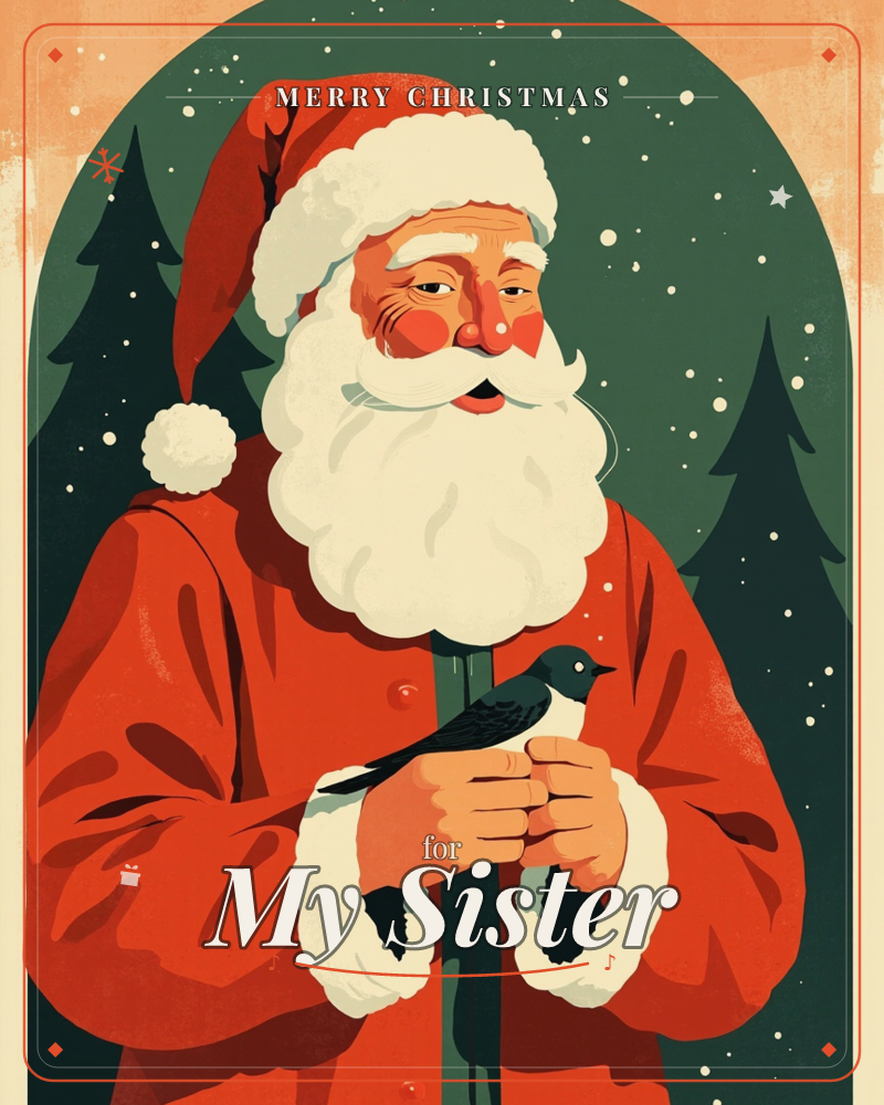 A stylised Santa Claus stands framed in an arched panel, his white beard and fur-trimmed red coat glowing against a deep green backdrop of snow-flecked…, a christmas e-card design