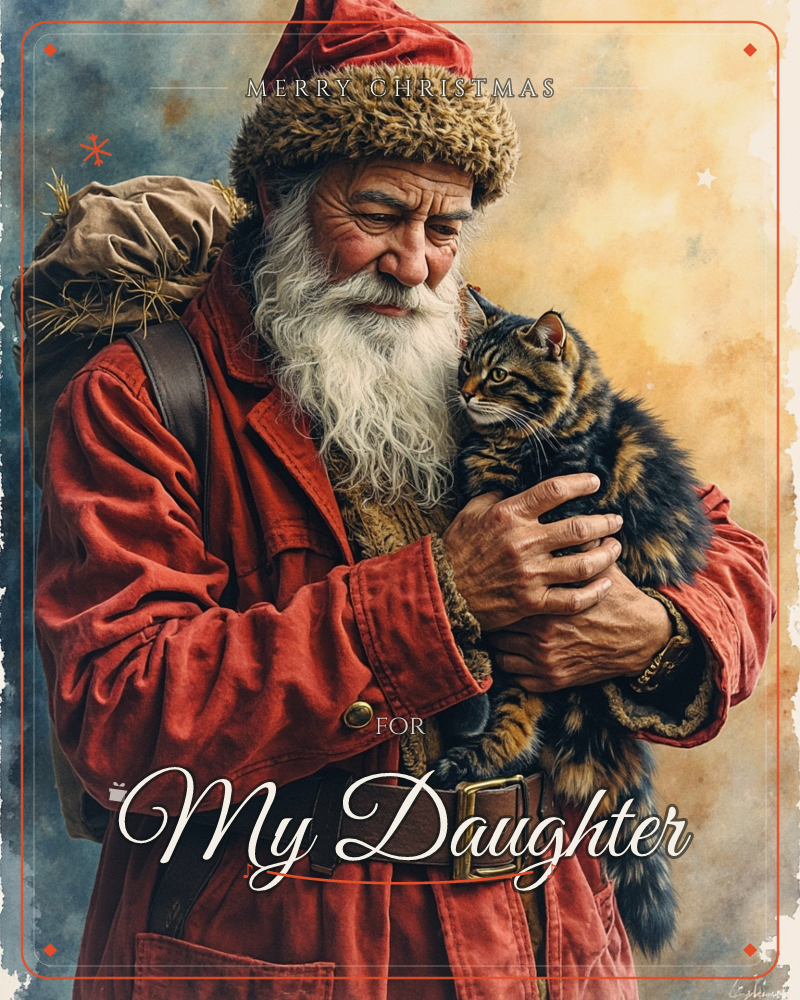 An old-world Santa in a weathered red coat and fur-trimmed cap cradles a tabby cat against his chest, gazing down at it with a soft, weary smile, a christmas e-card design