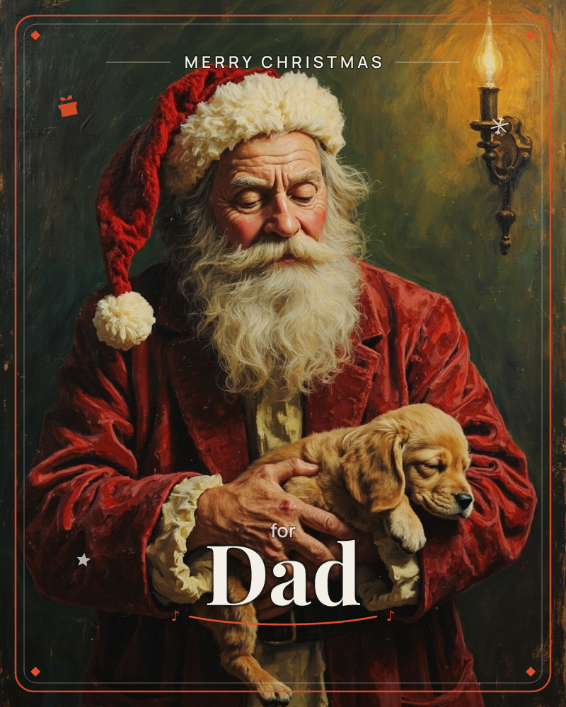 A weathered Santa in a deep red velvet coat and fur-trimmed cap cradles a sleepy golden puppy against his chest, gazing down at it with quiet tenderness, a christmas e-card design