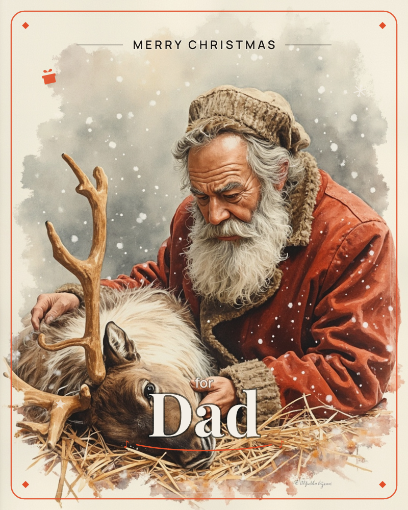 A weathered old man in a red coat and knitted cap kneels close to a reindeer resting in straw, gently cradling its antler and muzzle, a christmas e-card design