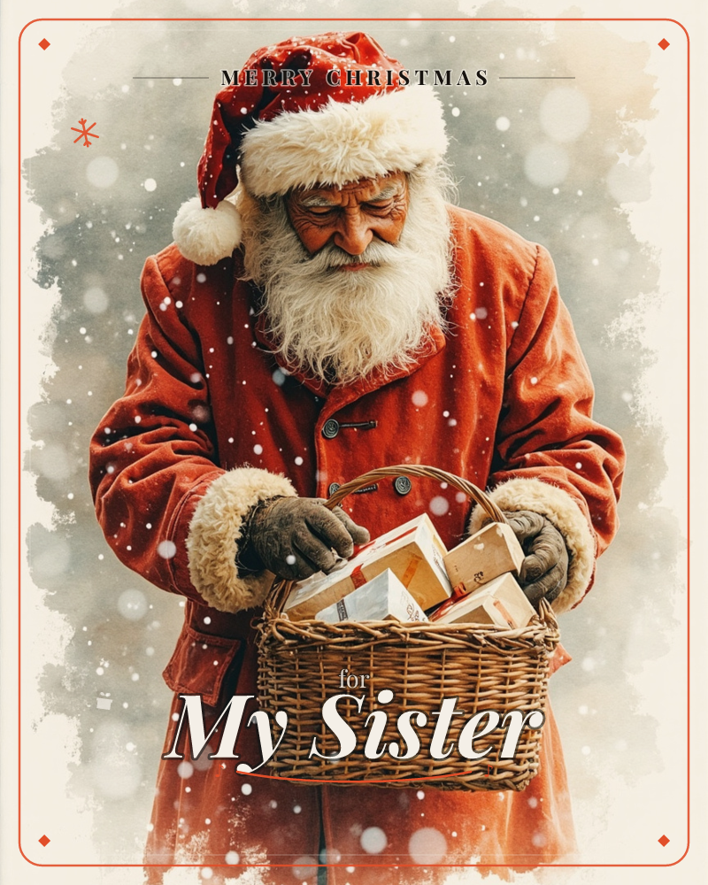 Santa Claus stands in falling snow, dressed in a worn red coat with fur trim, carrying a woven wicker basket full of wrapped parcels and letters, a christmas e-card design