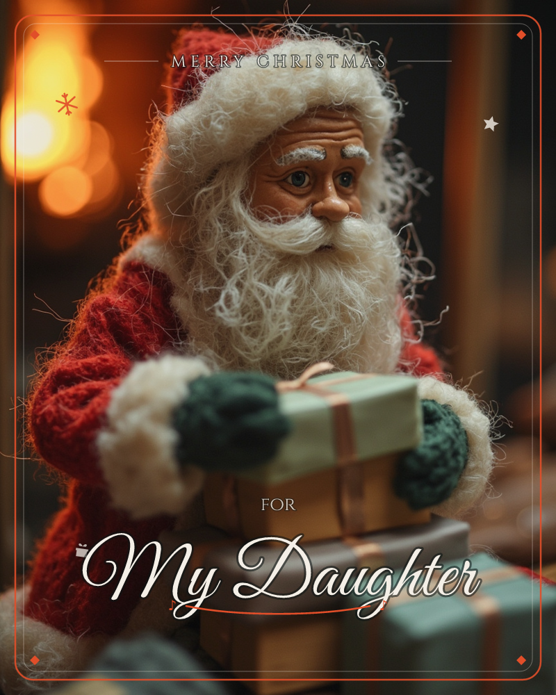 A finely detailed Santa figurine leans forward, gloved hands resting on a stack of wrapped gifts in soft sage green and dusty grey with copper ribbon, a christmas e-card design