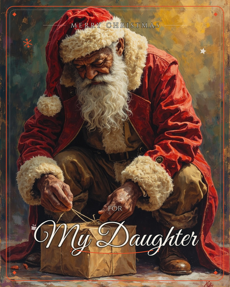A weathered figure in a fur-trimmed red coat and cap kneels close to the ground, carefully tying twine around a plain brown paper parcel, a christmas e-card design