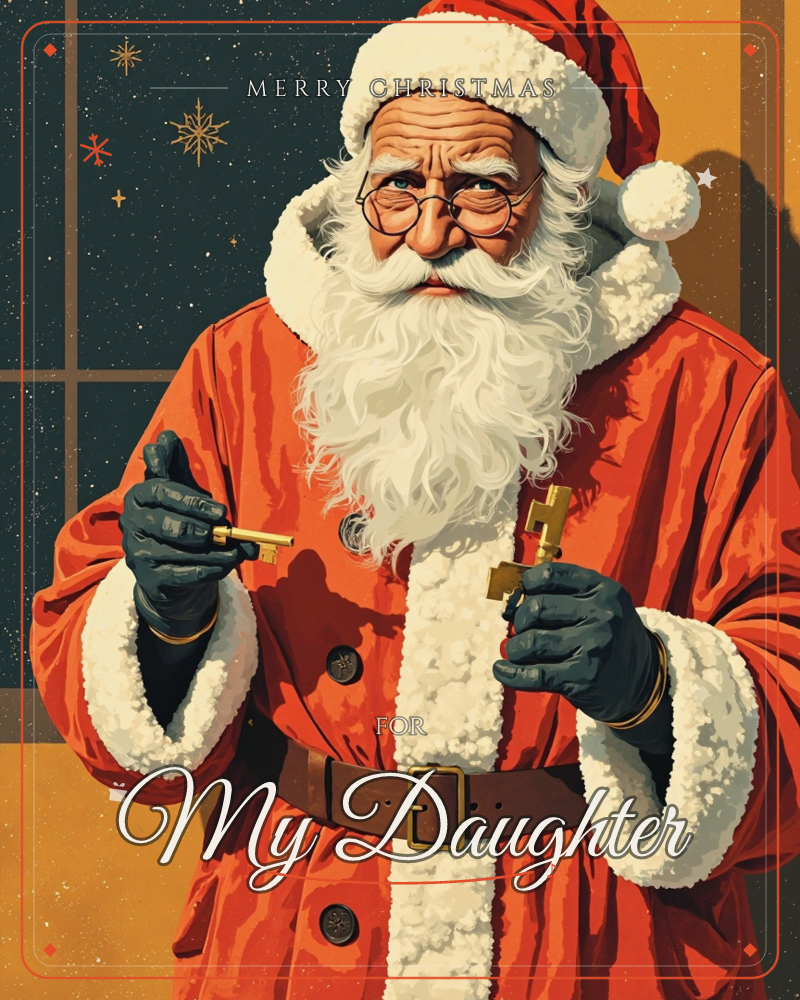 Santa stands close to the frame in a red fur-trimmed coat and round glasses, holding a small gold key in each gloved hand, a christmas e-card design