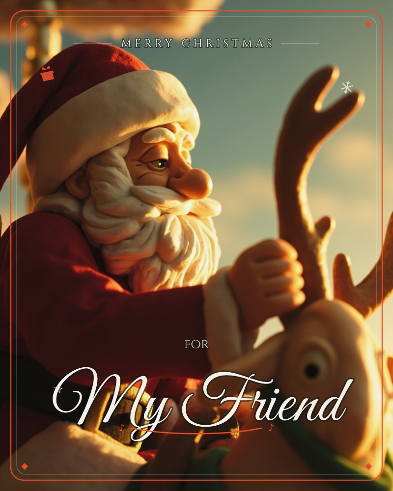 A claymation-style Santa figure leans close to a reindeer, one hand resting on its antler as golden late-afternoon light rakes across their faces, a christmas e-card design