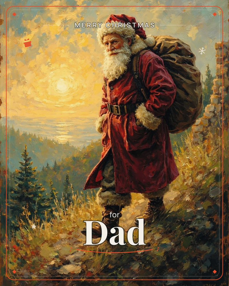 A weathered Santa in a fur-trimmed red coat and worn leather boots strides down a hillside path at sunrise, a heavy sack slung over his shoulder, a christmas e-card design