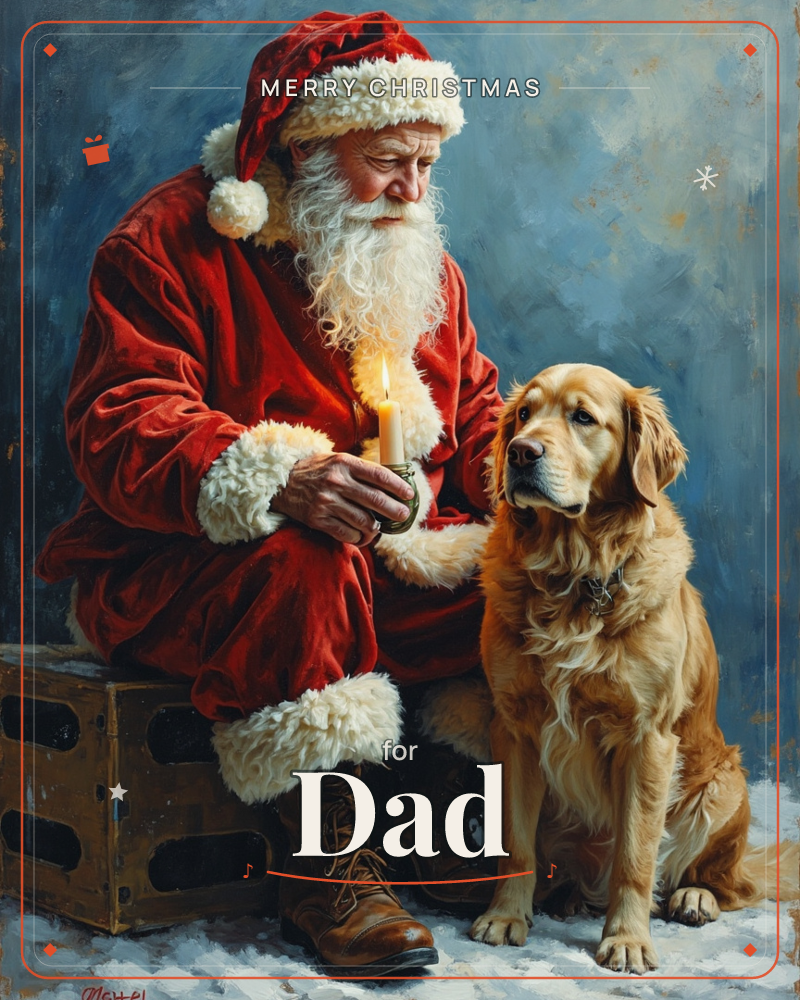 Santa sits on a weathered wooden crate holding a small lit candle, its warm glow catching his white beard and red velvet coat as a golden retriever…, a christmas e-card design