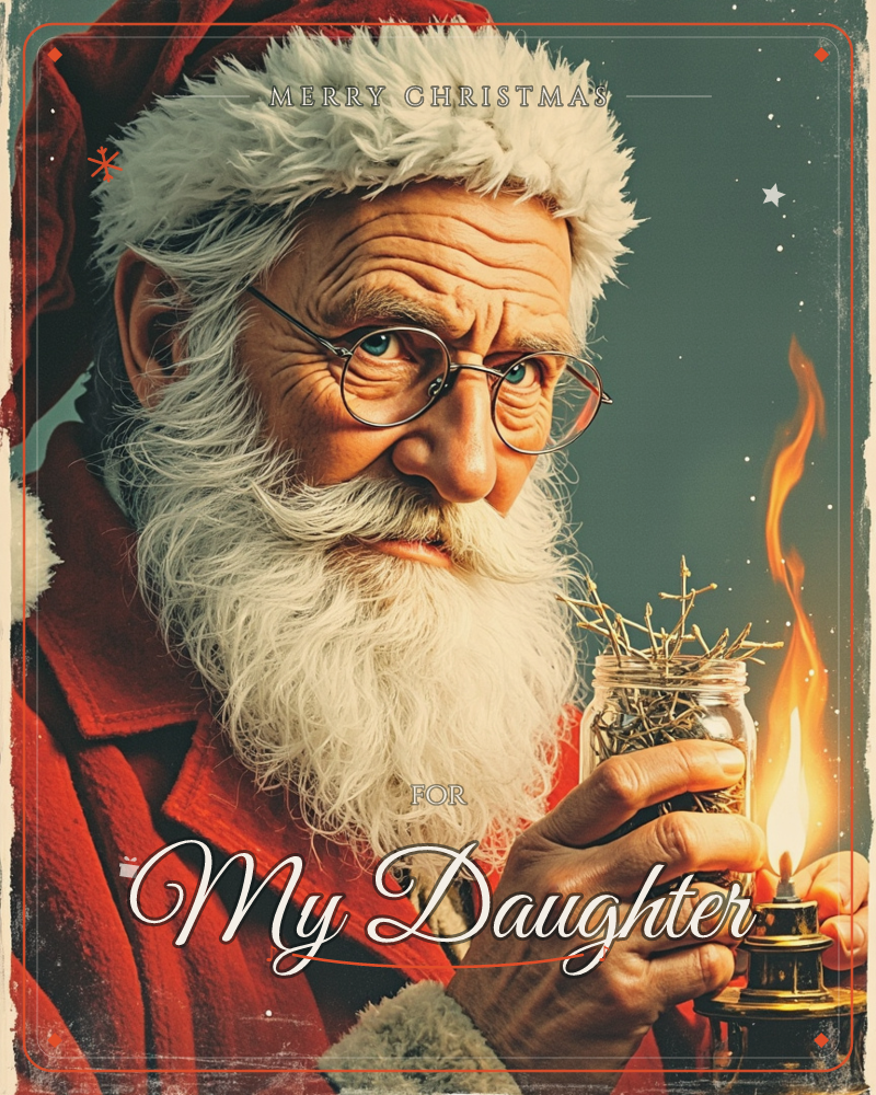 A close-up portrait of Santa in his red coat and fur-trimmed hat, round glasses perched on his nose, holding a small glass jar of twigs near an old…, a christmas e-card design