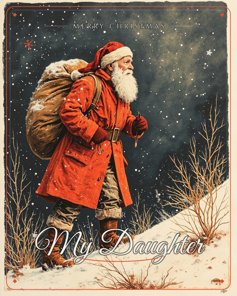 Santa trudges up a snowy hillside at night, a bulging sack slung over one shoulder, his red coat and white beard dusted with falling snow, a christmas e-card design