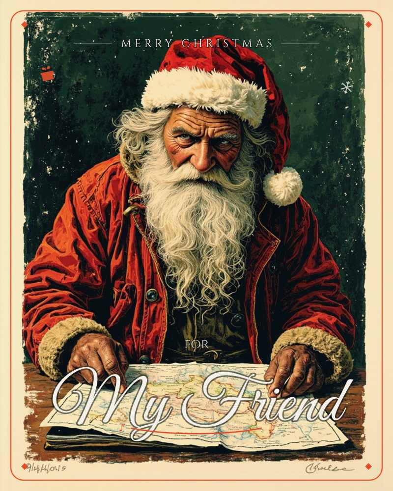 Santa Claus leans over a wooden table, tracing a route across a colourful map spread out before him, his weathered face fixed in a look of fierce…, a christmas e-card design