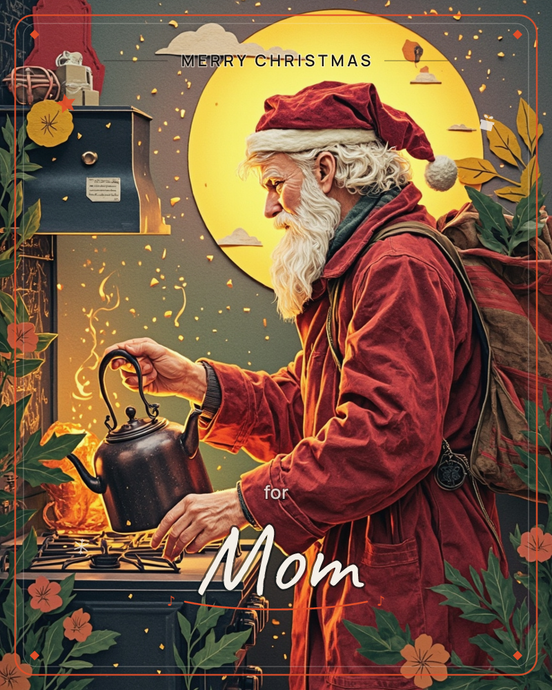 A layered paper-art illustration shows Santa in profile, sleeves rolled up, lighting a stovetop beneath a battered old kettle while a huge golden moon…, a christmas e-card design