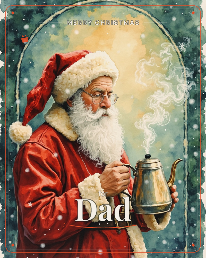 Santa Claus stands within a painted archway, holding a brass kettle from which curls of steam rise into the golden light behind him, a christmas e-card design