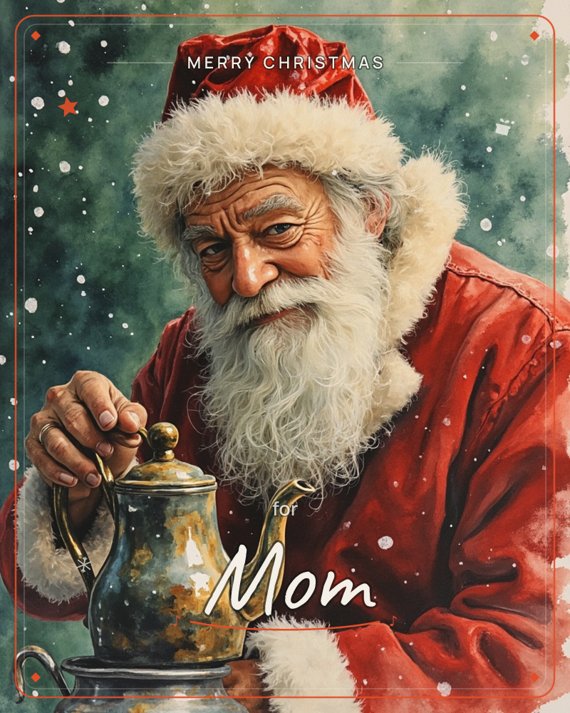 A weathered Santa in a red fur-trimmed cap and coat leans close, his hand resting on the lid of an old brass teapot as snow drifts through a misty…, a christmas e-card design