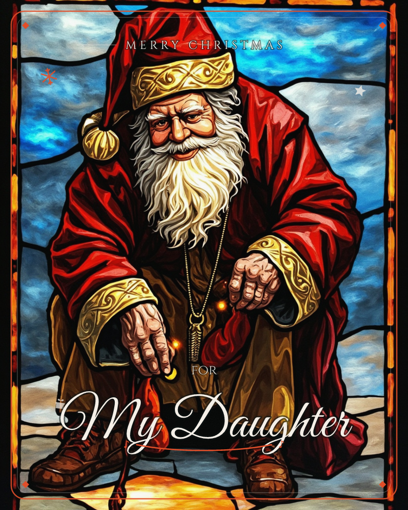 A stained-glass style portrait of Santa kneeling in a swirl of icy blue, his long white beard and weathered hands catching the light of a small golden…, a christmas e-card design