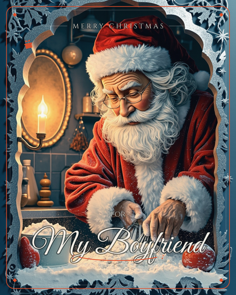 Santa Claus leans over a floury countertop in a candlelit kitchen, whisking a mound of icing sugar with a small wire whisk, a christmas e-card design