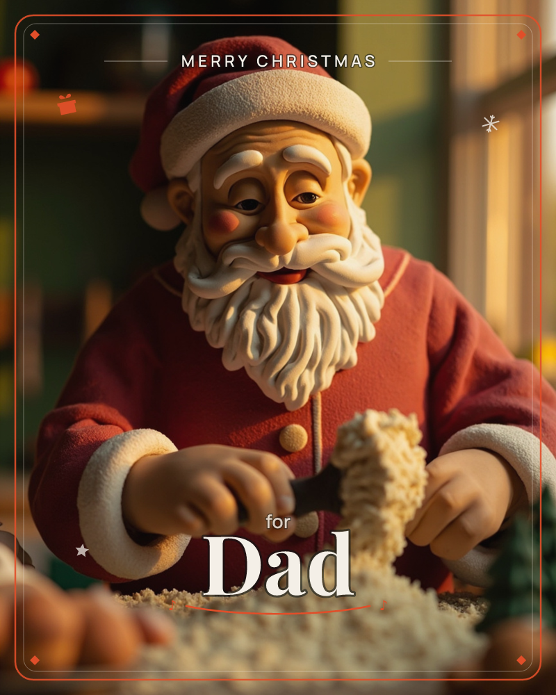 A stylised figure of Santa Claus sits at a wooden workbench, carving wood shavings with a small tool, a tiny toy tree standing nearby, a christmas e-card design