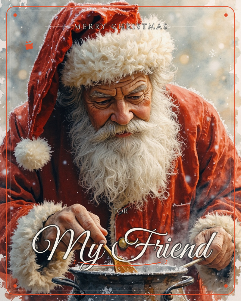 Santa Claus leans over a steaming pot, stirring it with a wooden spoon while snow drifts through the air around him, a christmas e-card design