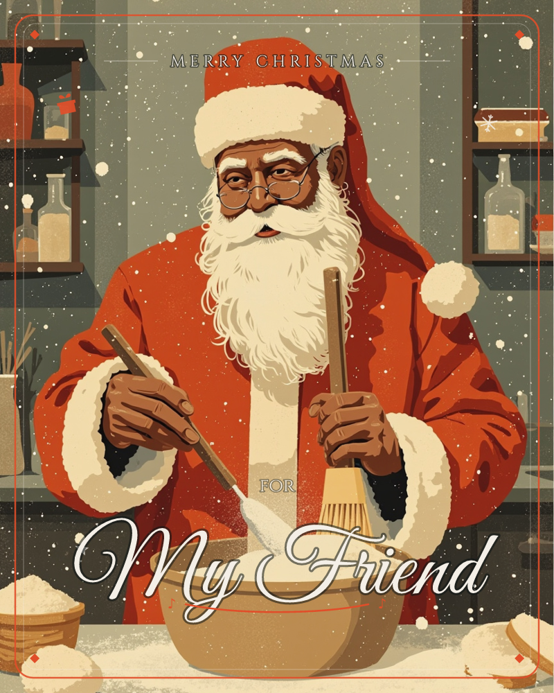 Santa stands at a kitchen counter, red coat and fur-trimmed sleeves rolled up as he stirs a large bowl of flour or dough with a wooden spoon and whisk…, a christmas e-card design