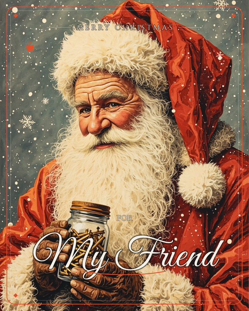 A close-up painted portrait of Santa Claus, his weathered face framed by a thick white beard and fur-trimmed red hood, snow falling softly around him…, a christmas e-card design