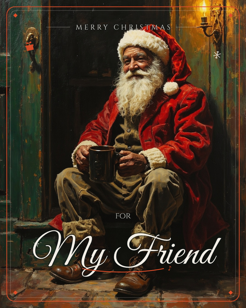 Santa sits resting on a worn stone doorstep, his red velvet coat and white beard glowing under a flickering wall lantern, a christmas e-card design