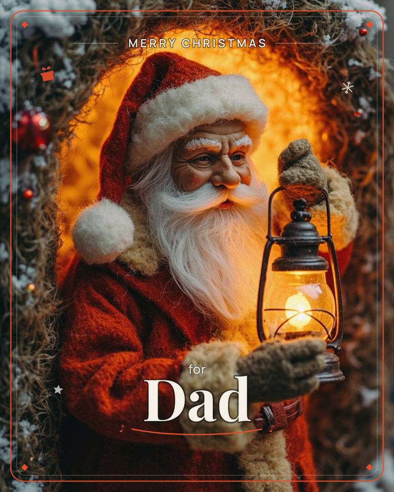 A figure of Santa Claus stands framed in a snow-dusted archway of woven twigs, holding up a glowing lantern that lights his weathered face and thick…, a christmas e-card design