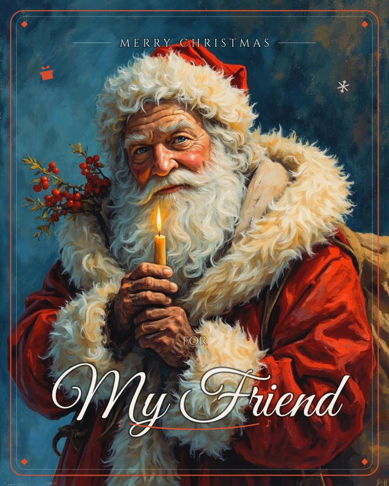 A close-up portrait of Santa Claus in a plush red coat trimmed with curling white fur, cradling a lit candle between weathered hands, a christmas e-card design