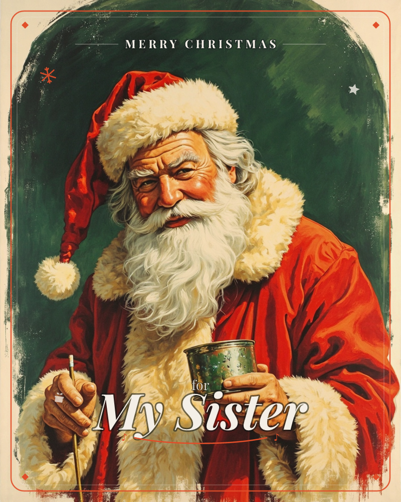 A close-up portrait of Santa Claus in his red fur-trimmed coat and cap, gazing warmly out at the viewer against a painted deep green backdrop, a christmas e-card design